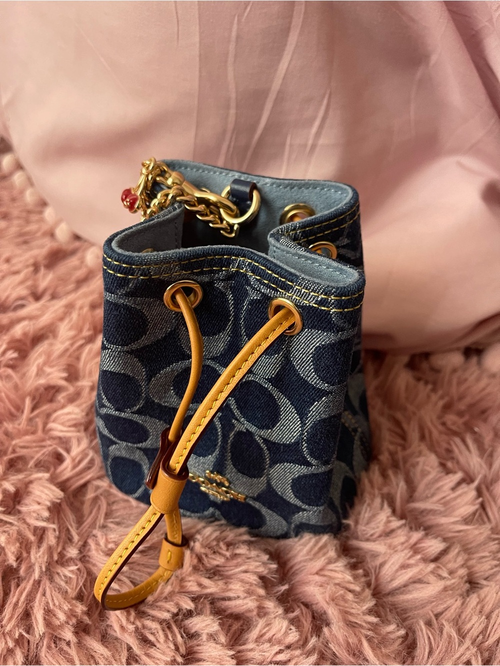 Coach Mini Bucket Bag in Navy Denim with Tan Leather Trim - Picture 3 of 12